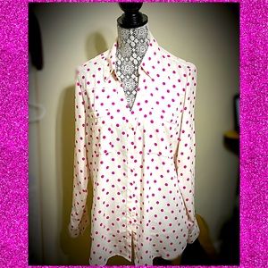 Women’s Blouse Button Down Hot Pink Polka Dot XL